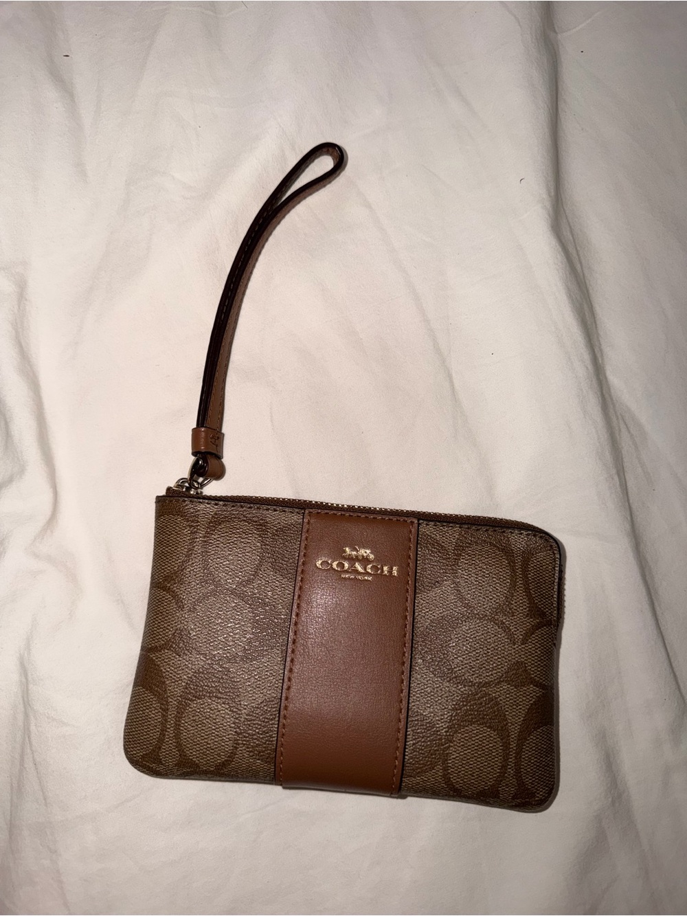 Coach Brown Signature Wristlet with Leather Trim